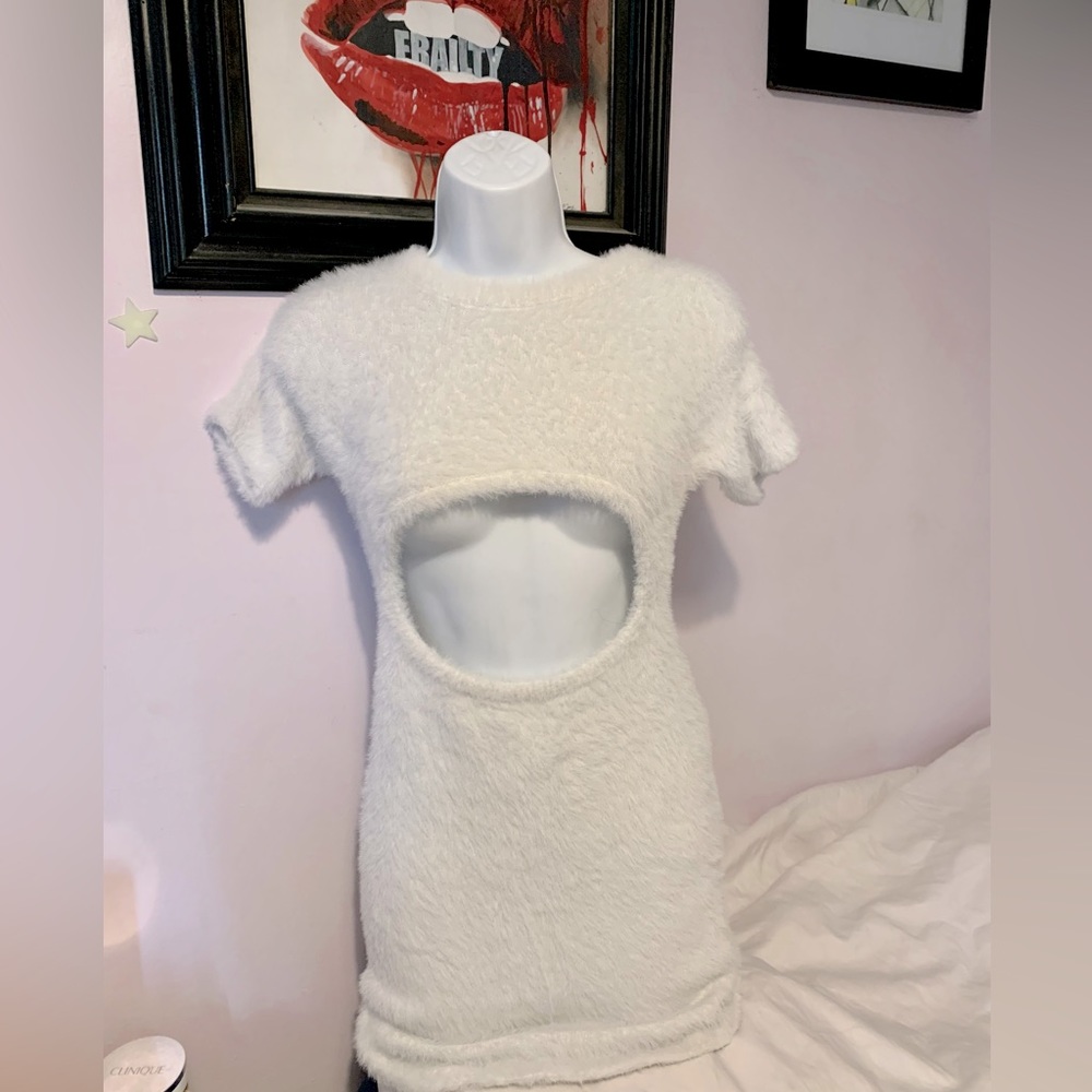 SHEIN White Fuzzy Cut-Out Mini Dress
